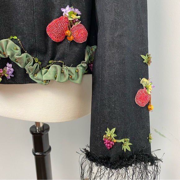 42. Mary Frances Beaded Ribbon Fringe Black Denim Jacket - Picture 3 of 15